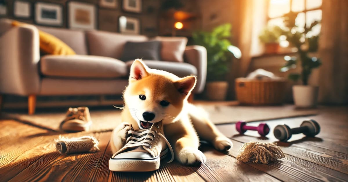 リビングでスニーカーを噛んで楽しむ柴犬の子犬