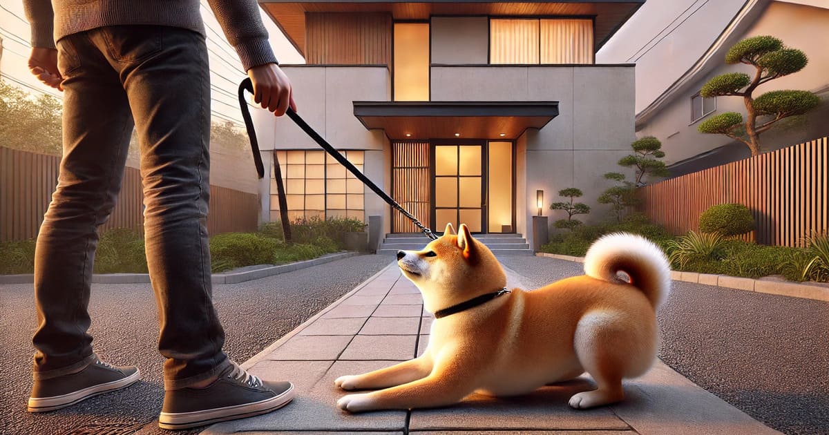 玄関前で伏せて動かない柴犬